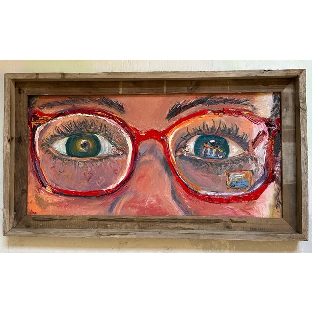 Wood "The Red Glasses", Original, One-of-a-Kind, Oil Painting, Woman Art For Sale - Image 7 of 12