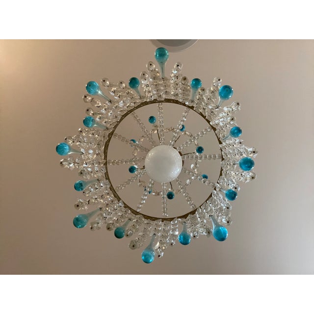 Metal 1920s French Gold Pendant Chandelier With Blue Raindrop and Crystals For Sale - Image 7 of 9