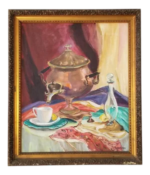 1960s Vintage Tea Service Still Life Abstract Painting, Signed