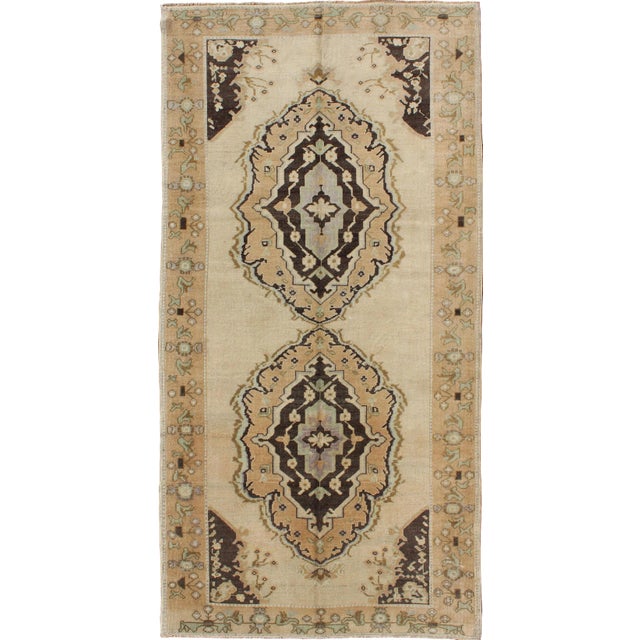 Vintage Turkish Oushak Gallery Rug With Two Medallions in Taupe, Brown and Cream For Sale