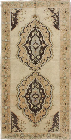 Vintage Turkish Oushak Gallery Rug With Two Medallions in Taupe, Brown and Cream