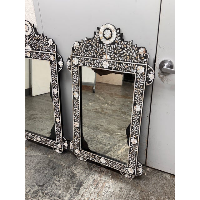 2010s Moroccan Style Mother-of-Pearl Inlaid Floral Wall Mirrors, Pair For Sale - Image 5 of 12