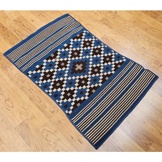 Vintage Mexican Saltillo Serape Kilim Rug, Flat-Woven Wool Blanket, Royal Blue, 2x4 For Sale - Image 13 of 14