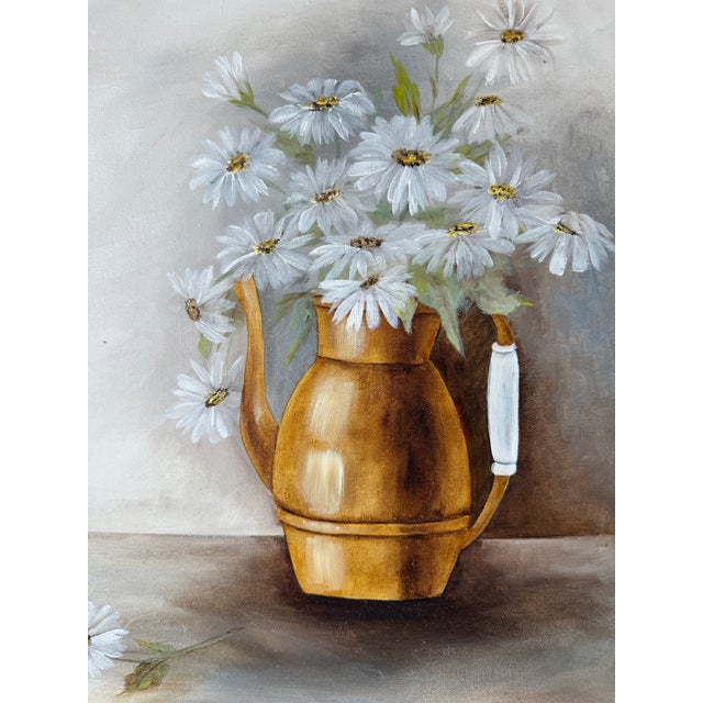 1980s 1981 Donna Kasten Still Life Daisies & Brass Pitcher Oil on Canvas Painting, Framed For Sale - Image 5 of 12