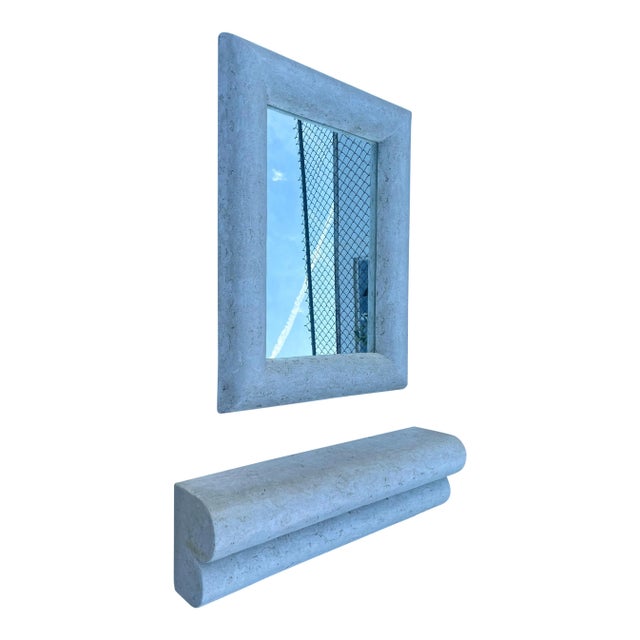 Extraordinary stone frame wall mirror, with matching flush mount console. This Faux stone, yet very heavy and well made...