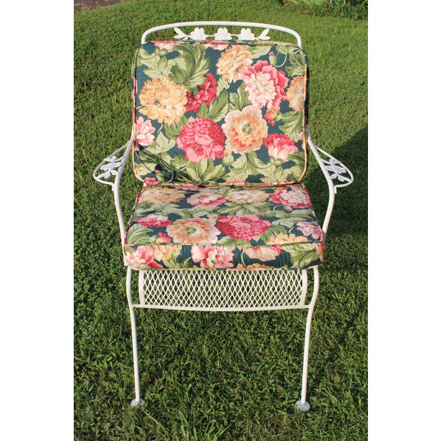 Wrought Iron Patio Set With Dogwood Motifs—Table and Four Armchairs With Covers, 5 Pieces For Sale - Image 16 of 18
