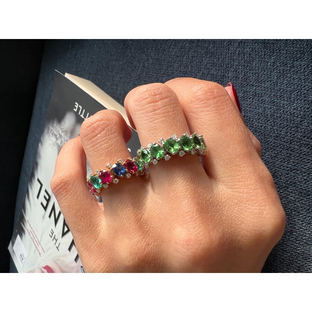 Green Garnet Tsavorite Eternity Diamond Band 18 Karat White Gold Unique Ring, Size 7 For Sale - Image 16 of 18