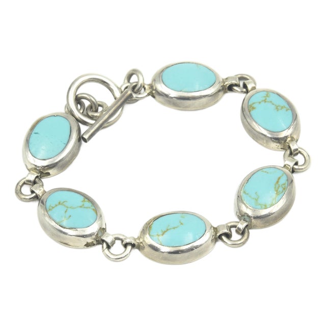 Late 20th Century Mexican Turquoise Sterling Silver Link Bracelet For Sale