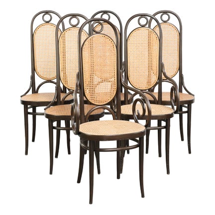 Vintage Long John High Back Bentwood Chairs with Webbing Seats from Thonet, Set of 6 For Sale
