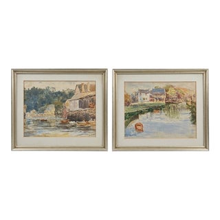 Vintage G Kitto Framed Harbor Landscape Prints Pair 15.5x12 Coastal Watercolor Art For Sale