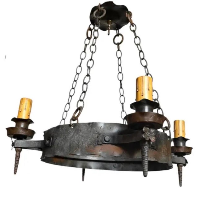 Antique Hand Forged Iron Chandelier With Flowers and Original Patina For Sale - Image 9 of 9