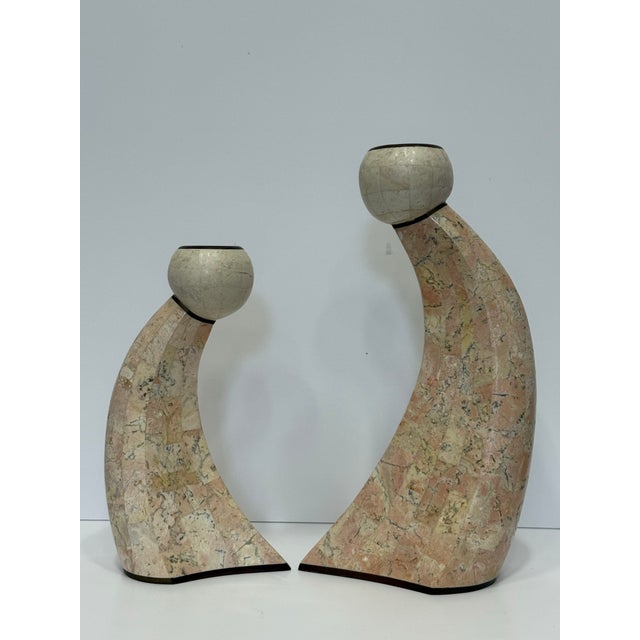 Mid-Century Modern 1980’s Sculptural Postmodern Maitland Smith Tessellated Stone & Brass Inlaid Candle Holders For Sale - Image 3 of 9