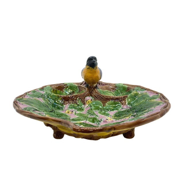 Holdcroft Majolica Strawberry Server With Bird, Cream and Sugar Wells, Ca. 1875 For Sale - Image 6 of 12