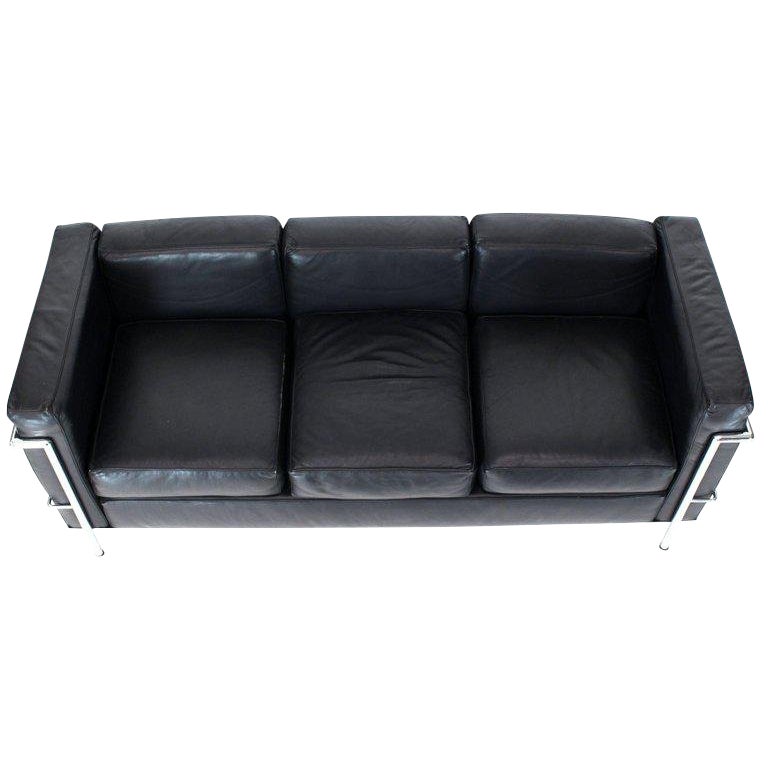 1980s Vintage Alivar Le Corbusier Black Leather Three Seat Sofa