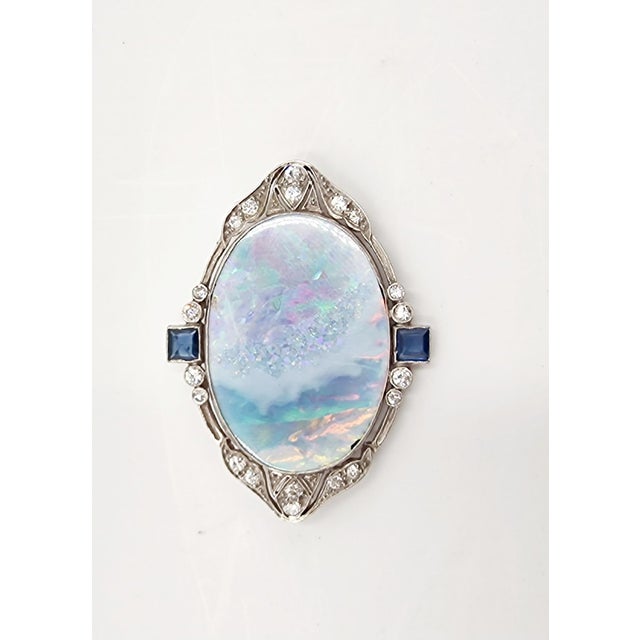 Mid-Century 18 Karat White Gold Brooch with Multicolored Opal, Diamonds and Sapphires, Italy, 1950s For Sale - Image 3 of 15