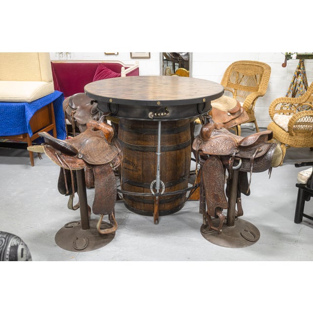 Late 20th Century Contemporary Custom Made Whiskey Barrel Pub Table With 4 Horse Saddle Stools For Sale - Image 5 of 14