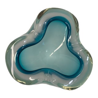 Vintage C. 1960s Murano Teal Blue and White Opaline Cased Glass Dish For Sale