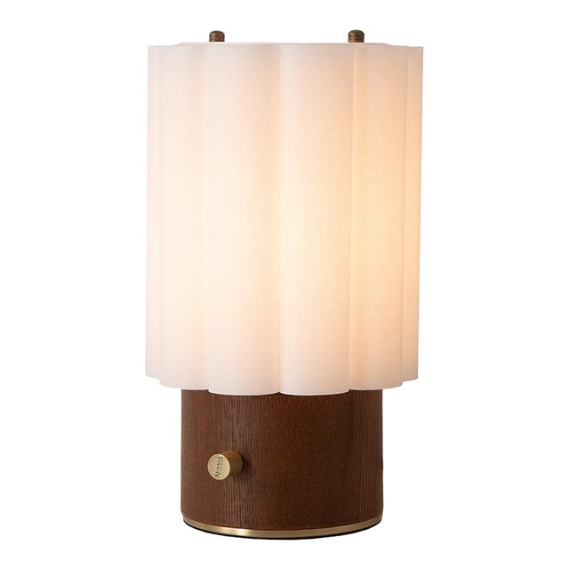 Scalloped Accent Table Lamp - Walnut, Weathered Brass, White Linen, Diffuser, Dimmer For Sale