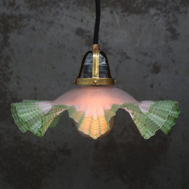 Art Nouveau French Green Frosted Glass Pendant Light, 1920s For Sale - Image 4 of 9