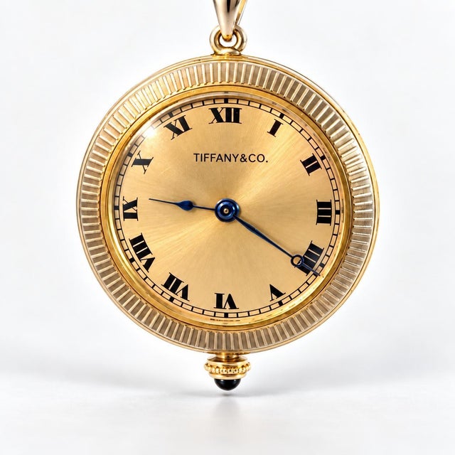 Mid-Century Modern Tiffany & Co. Vintage 18k Gold Floral Engraved Diamond and Enamel Pocket Watch For Sale - Image 3 of 7