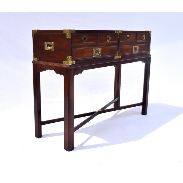 1990s Mahogany Campaign Style Two Drawer Console Table For Sale - Image 5 of 14
