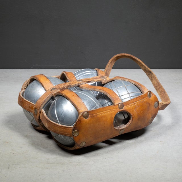French Vintage French Boule Idéale Pétanque Set With Original Leather Carrier c.1950 For Sale - Image 3 of 4