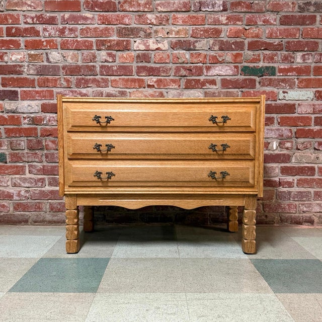 Vintage mid-century Danish chest in solid hand-carved and turned quarter-sawn European white oak attributed to Henning...