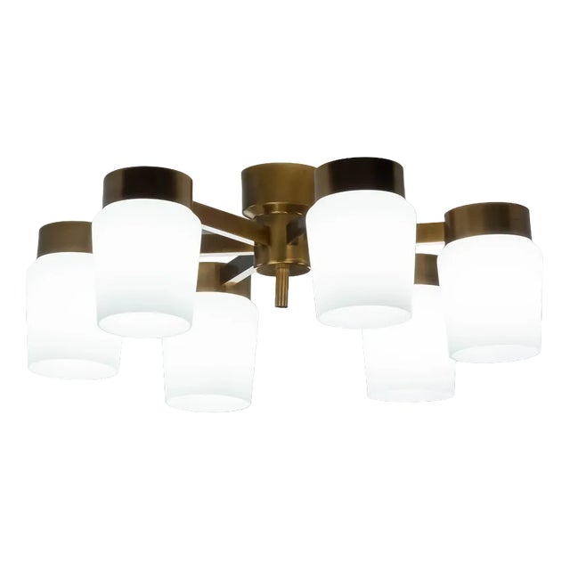 Large Brass with Frosted Glass / Opaline Flush Mount attributed to Fagerhult, Sweden, 1960s For Sale