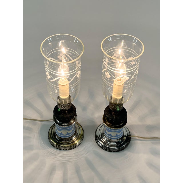 Pair of Vintage Sister Jasperware Candlestick Lamps, Attributed to Wedgwood For Sale - Image 10 of 12