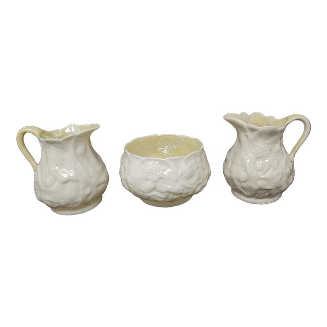Vintage 3 Piece Belleek Lotus - 2 Creamers and 1 Open Sugar Bowl - TMK-3 - 3rd Black Mark For Sale