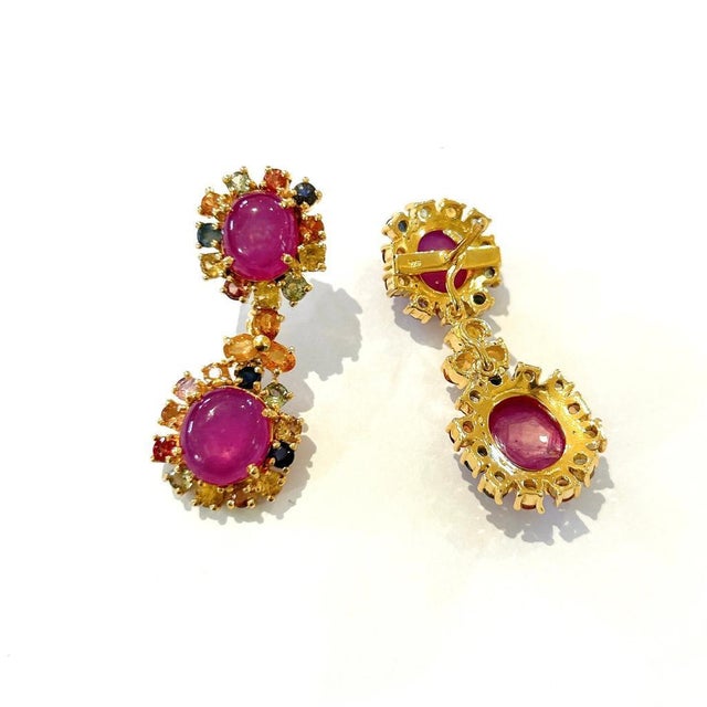 Bochic "Orient" Vintage Ruby & Multi Sapphire Earrings Set In 18K Gold & Silver For Sale - Image 18 of 18