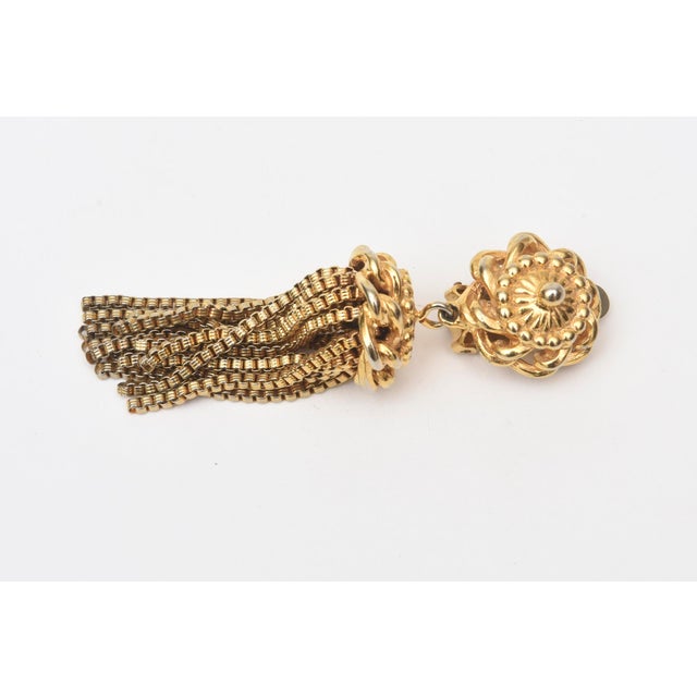 Mid-Century Modern Vintage Signed Schiaparelli Gold Plated Tassel Dangle Clip on Earrings, Pair Of For Sale - Image 3 of 8