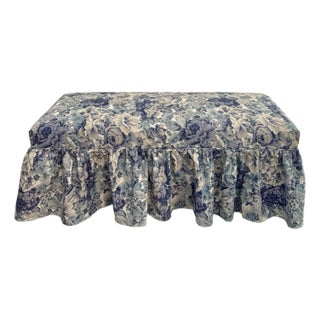 English Traditional Skirted Upholstered Bench in Blue Floral Fabric, Newly Recovered For Sale
