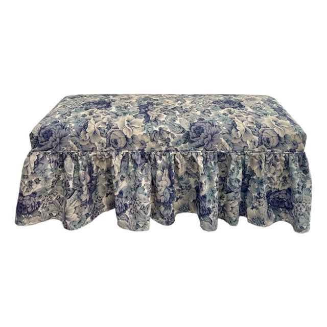 English Traditional Skirted Upholstered Bench in Blue Floral Fabric, Newly Recovered For Sale