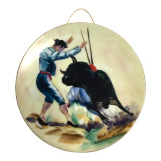 1950s Ceramic Hand Painted Plate Mexican Bull Fighting For Sale