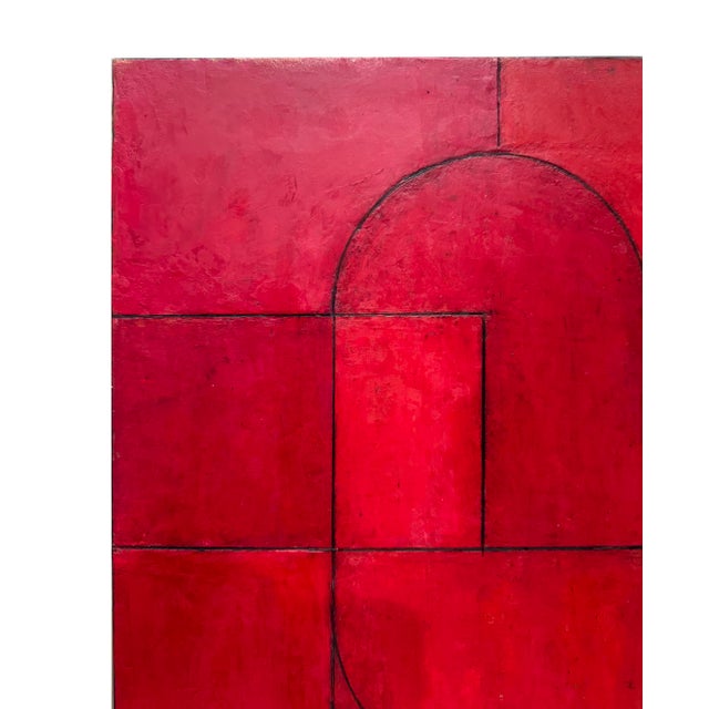 Contemporary Geometric Abstract Square Oil Painting Monochromatic–Red Gold Leaf Edges by Stephen Cimini For Sale - Image 4 of 7