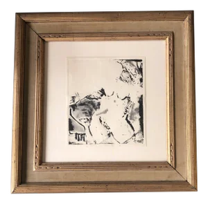 Original Vintage Abstract Female Nude Lithograph Vintage Carved Wood Frame