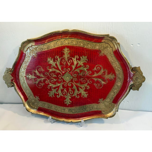 Beautiful red and gold extra large Italian gilt wood tray! Great for the holiday season!