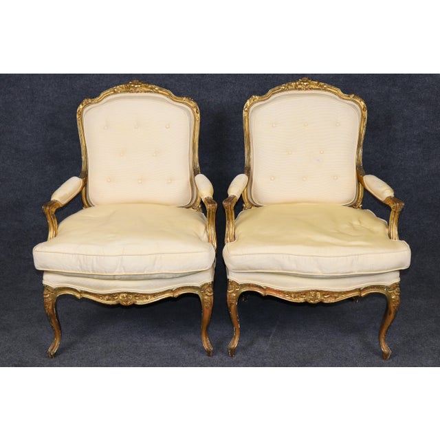 Pair 19th C. French Louis XV Style Giltwood Armchairs For Sale - Image 4 of 17
