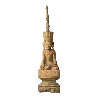Antique Burmese Buddha Wooden Statue, Burma Myanmar Shan Style Statue, 23 1/4" T For Sale