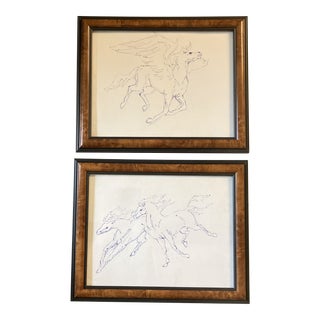 1970s Original Flying Horses Ink Drawings Framed-A Pair For Sale