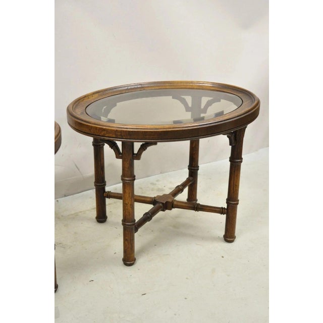 Vintage Chinese Chippendale Faux Bamboo Oval Small Glass Top Side End Table Pair For Sale - Image 10 of 11
