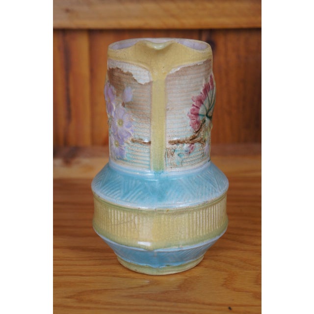 Antique Majolica Wardle Bamboo Basketweave Dogwood Flower Pitcher Jug For Sale - Image 4 of 12