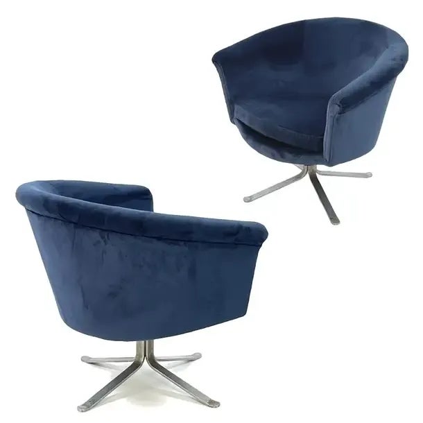 Mid-Century Modern 1970s Pair Blue Velvet Flat Bar Nicos Zorophos Swivel Chairs With Steel X-Base For Sale - Image 3 of 12