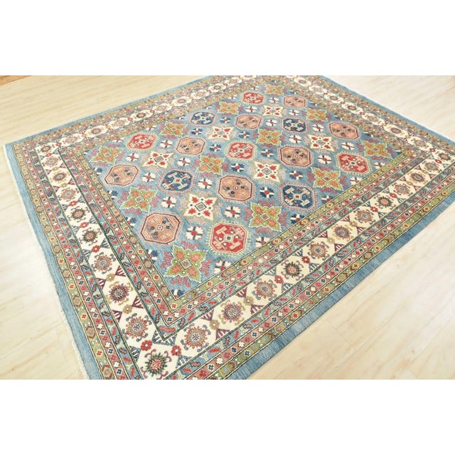 Farmhouse Kazak Rug 8'2'' X 9'9'' Blue Wool Tribal Geometric Hand-Knotted Oriental Carpet For Sale - Image 3 of 12