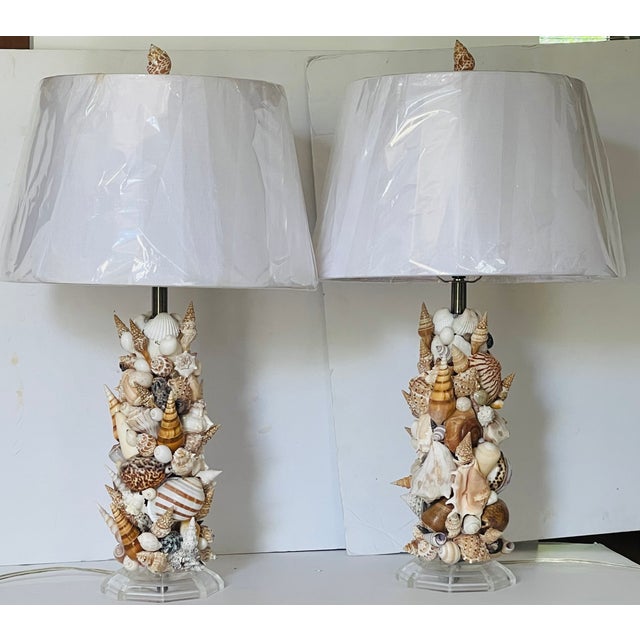 1970s Gorgeous Sea Shell Encrusted Pair Lamps on Lucite Stands For Sale - Image 5 of 7