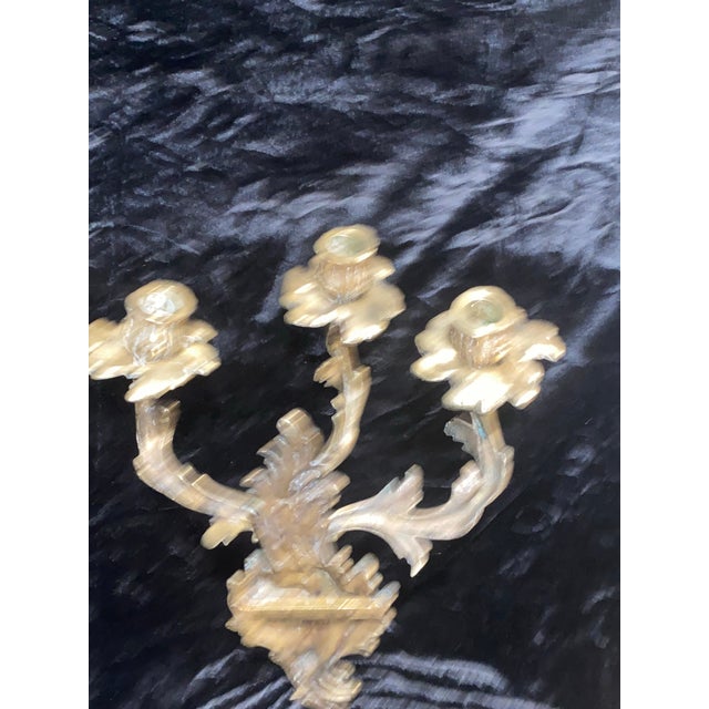 1920s 1920s Bronze Sconces Baroque Rococo Louis XV French Style Acanthus Leaf Forms 3 Candle Burning For Sale - Image 5 of 10