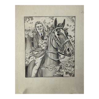 1940s Original Signed Graphite Illustration of Girl on Horseback, 8.75 X 7 In. For Sale