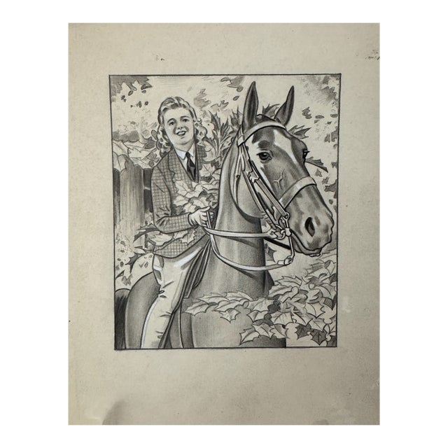 1940s Original Signed Graphite Illustration of Girl on Horseback, 8.75 X 7 In. For Sale