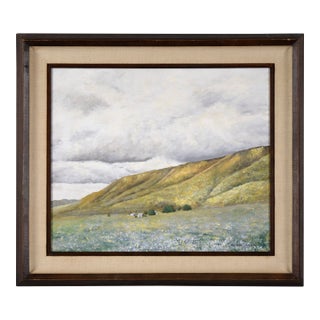 "Spring Hills" Mid Century Modern Farmhouse Landscape in Acrylic on Masonite by Farren Jensen For Sale